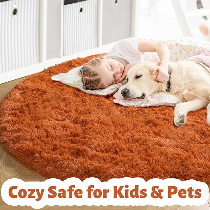 Amdrebio Burnt Orange Round Rugs 6Ft for Living Room Decor, Shaggy Plush Fuzzy Furry Circle Area Rugs for Bedroom Kids Room Aesthetic, Large Fluffy Shag Dark Orange Carpet for Nursery Dorm Classroom