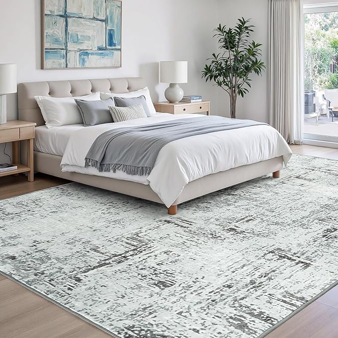 Rugflix 9x12 Washable Area Rugs, Neutral Boho Carpet Living Room Rug Non Slip Stain Resistant, Large Area Rug for Indoor Bedroom Dining Room Office, Blue/Grey