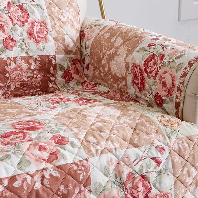 Great Bay Home Reversible Floral Patchwork Recliner Furniture Protector - Machine Washable, Scalloped Edge, Stain Resistant, Printed Furniture Cover for Dogs, Kids, and Pets (Burgundy/Taupe)