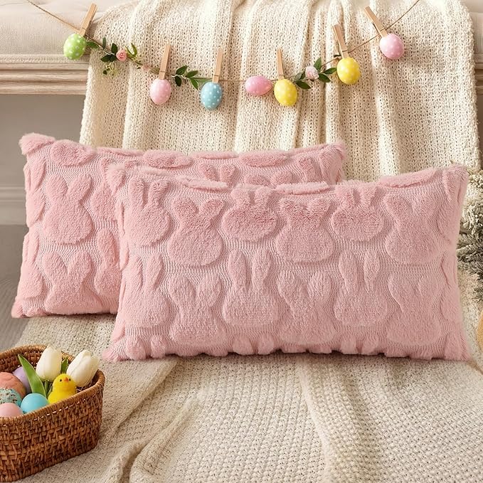 decorUhome Easter Bunny Pillow Covers 12x20 Inch Set of 2, Soft Plush Faux Wool Jacquard Pink Rabbit Cushion Covers, Farmhouse Neutral Spring Easter Holiday Decor for Couch Sofa Bed