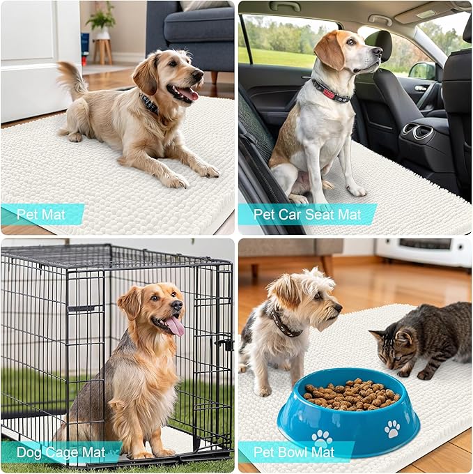 OLANLY Dog Door Mat for Muddy Paws 59x32, Absorbs Moisture and Dirt, Absorbent Non-Slip Washable Doormat, Quick Dry Chenille Mud Mat for Dogs, Entry Indoor Entryway Carpet for Inside Floor, Ivory