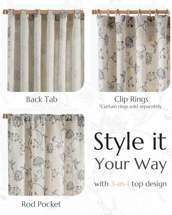 Jinchan Linen Floral Curtains 63 Inch Length for Living Room & Bedroom - Light Filtering Rod Pocket Back Tab Jacobean Curtains Flax Linen Texture Window Drapes Set 2 Panels Black on Linen