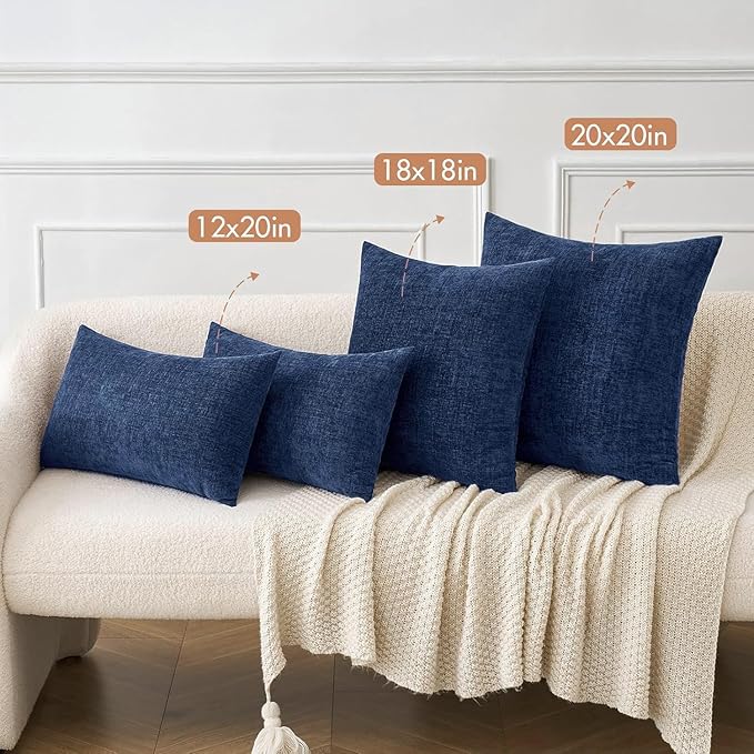 MIULEE Pack of 2 Couch Throw Pillow Covers 12x20 Inch Spring Soft Navy Chenille Lumbar Pillow Covers for Sofa Living Room Solid Dyed Cases