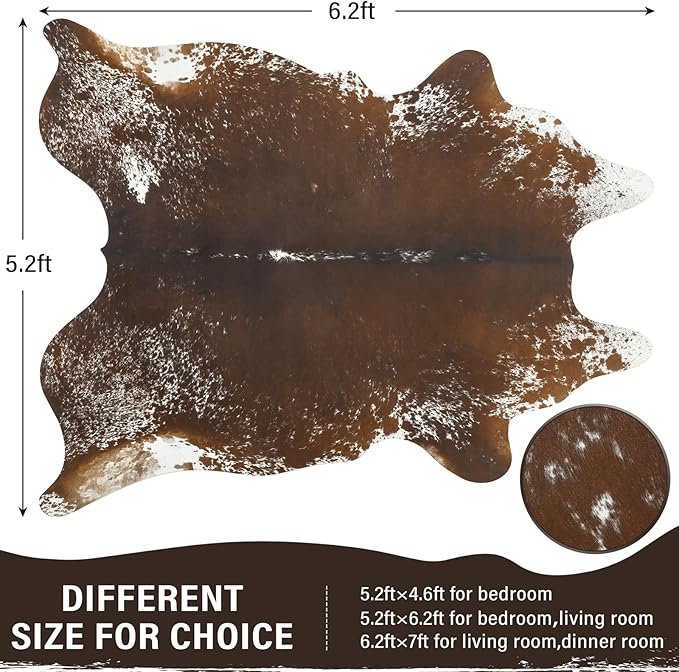 AROGAN Western Decor Faux Fur Cowhide Rug, 5.2x6.3 Feet Premium Animal Skin Cow Hide Rug, Sturdy Cow Print Rugs for Wall Decor, Western Floor Carpet for Bedroom Living Room, Spotted Brown