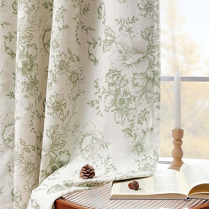 jinchan Blackout Floral Curtains for Living Room Bedroom Linen Blend Curtain Farmhouse Green Printed with Lined Back Tab Rod Pocket Drapes Window Treatments 2 Panels 84 Inch