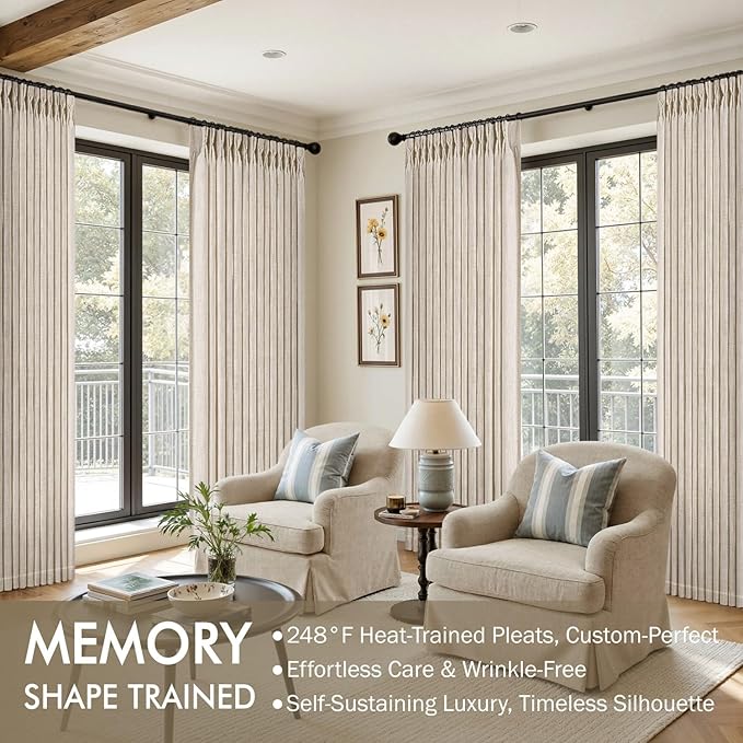 MIULEE Pinch Pleated Thick Linen Curtains 102 Inches Long 2 Panels for Living Room Bedroom, Pinch Pleat Drapes Back Tab Memory Trained Semi Sheer Privacy Neutral Ivory Cream Farmhouse Window Curtains