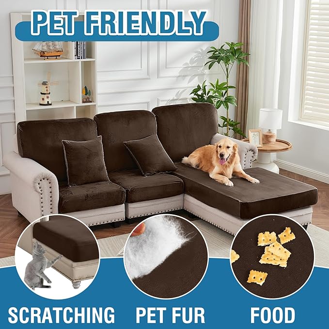 Couch Cover 3-Piece Elastic Velvet Couch Cushion Covers & Chaise Slipcovers for L-Shaped Sofas - Sofa Seat Covers Washable, Soft Protector for Couches (2 Seater + Chaise, Coffee)