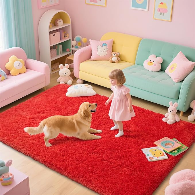 Red Shag Area Rugs for Bedroom Living Room,Ultra Soft Fluffy Christmas Area Rugs 8x10 for Dorm,Indoor Carpet Nursery Rugs for Kids Girls Room Home Decor (Red, 8x10 Feet)