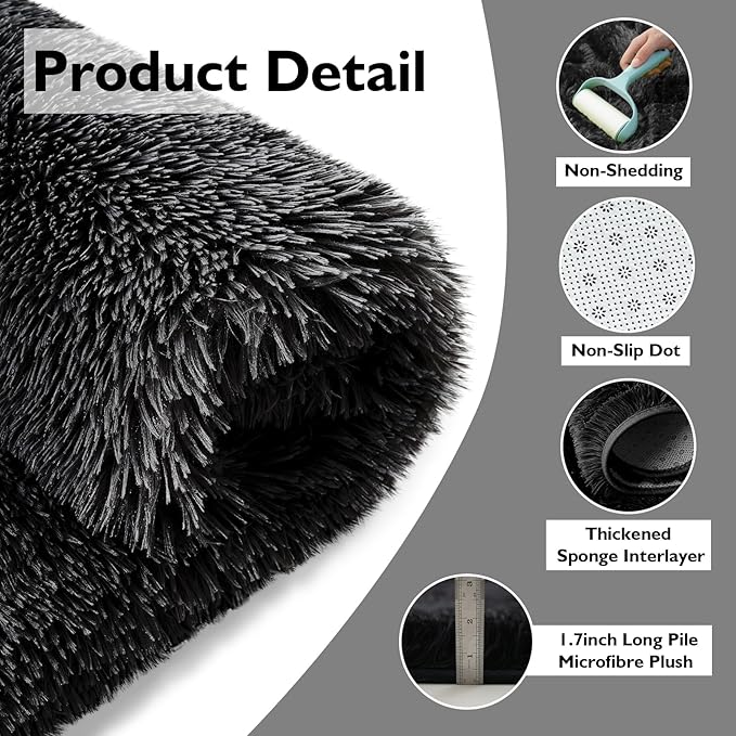 Shag Area Rug for Bedroom 4x6,Black Fluffy Area Rugs for Living Room,Soft Fuzzy Rug Non-Shedding Indoor Plush Carpet for Kids Bedroom Nursery Dorm Home Decor