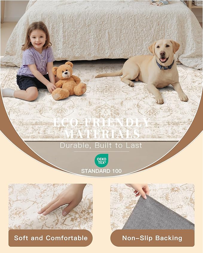 Madane 5x7 Area Rugs for Living Room, Washable Vintage Natural Rug with Non-Slip Backing, Soft Floral Print Throw Rugs Floor Low Pile Carpet for Bedroom Dining Room Farmhouse (5 x 7, Wood/Ivory)