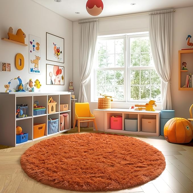 Amdrebio Burnt Orange Round Area Rug 5Ft for Bedroom Living Room, Fluffy Fuzzy Shaggy Furry Circle Rugs for Kids Room Decor Aesthetic, Cute Plush Shag Dark Orange Carpet for Nursery Dorm Classroom
