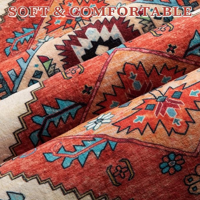 SERISSA Area Rug 3x5 Boho Orange Rugs for Bedroom, Washable Non-Slip Kitchen Rugs, Ultra Soft Print Distressed Tribal Entry Rug Low-Pile Throw Rug Carpet for Bedroom Nursery Living Room Dorm Decor