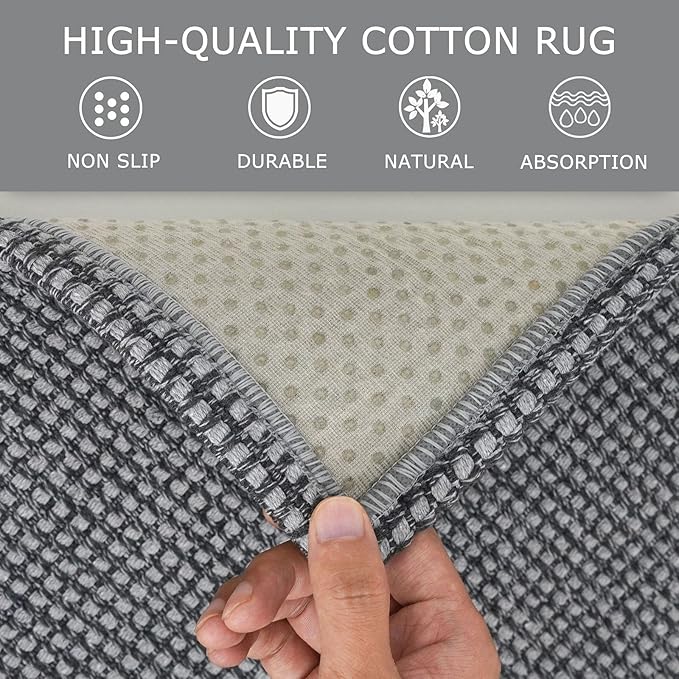 KOZYFLY Washable Area Rug 6x9 ft Rubber Backed Non Slip Rugs for Living Room Braided Cotton Bedroom Rug Woven Office Rugs Indoor Floor Carpets for Dining Bedroom Living Room, Grey/Dark Grey