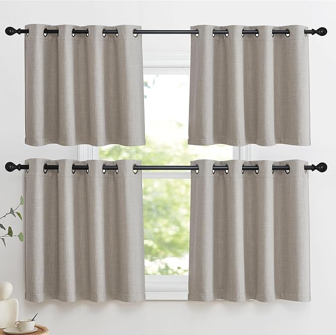 NICETOWN Thick Living Room Valances 24 inches Long, Farmhouse Grommet Faux Linen Room Darkening Curtain Tiers Thermal Insulated Window Covering Small Curtains for Cafe, Angora, W52 x L24, 1 Pair