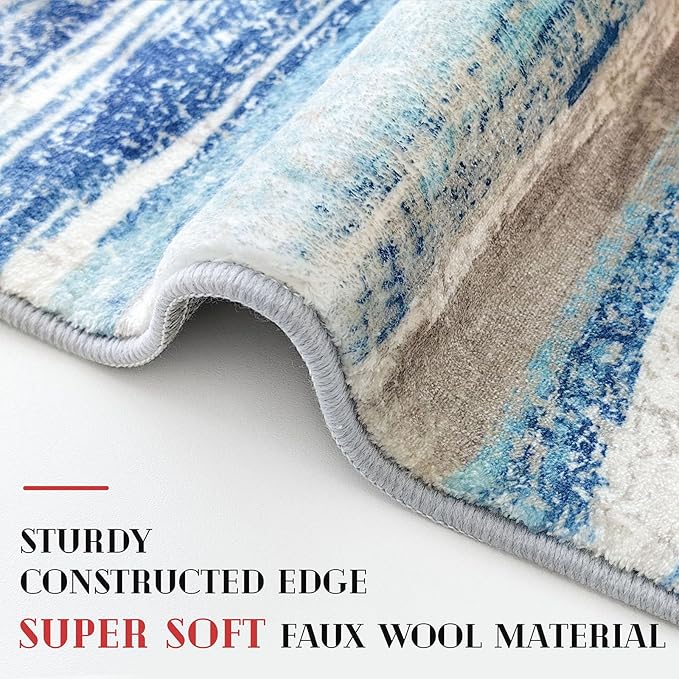 Lansny Modern Abstract Runner Rug 3x16, Blue Washable Long Kitchen Runner Non-Slip Soft Hallway Rug Runner Ultra Thin Print Faux Wool Carpet for Entryway Bedroom Laundry Room Indoor Home Decor