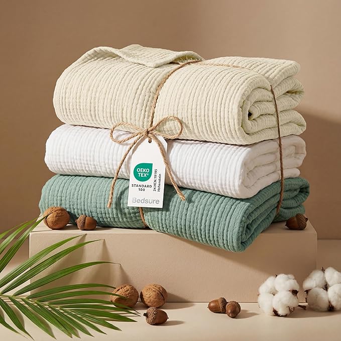 Bedsure 100% Cotton Muslin Blanket Queen Size for Bed - 4-Layer Breathable and Lightweight Thin Soft Summer Gauze Muslin Blankets for Adults, Sage Green, 90x90 Inches
