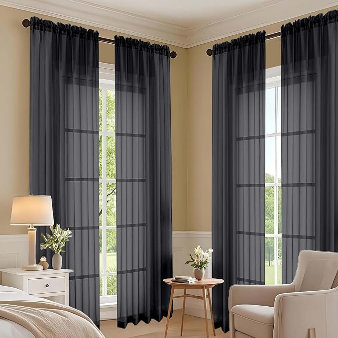 OVZME Black Bedroom Curtains 96 Length for Farmhouse, 59 Inch Extra Wide Light Filtering Voile Drapes Light Airy Window Decor for Patio Door Living Room Bedroom Dining, 59Wx96L Inches