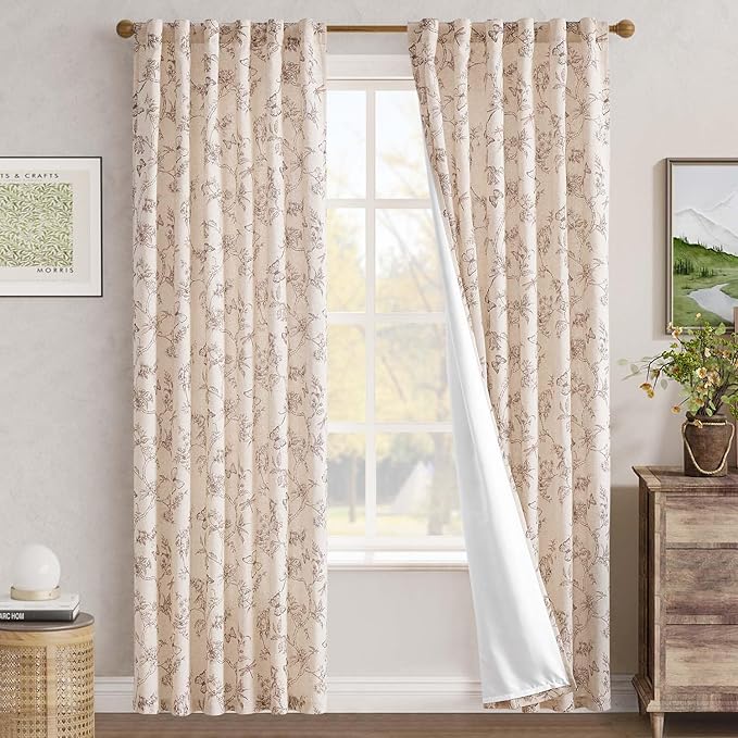 jinchan Floral Curtains Lined Linen Blend Curtain for Living Room 84 Inch Length Taupe Farmhouse Flower Patterned Curtain French Country Curtains Drapes Back Tab Rod Pocket 2 Panels