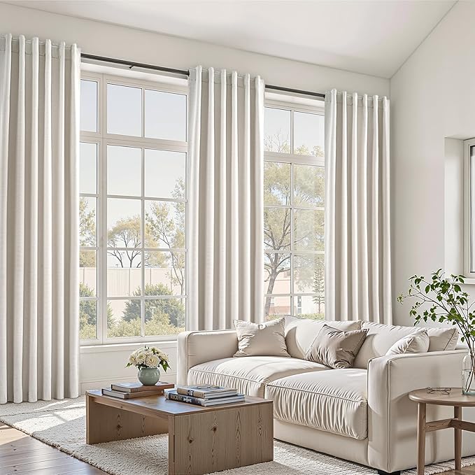 Topfinel Living Room Curtains 102 Inches Long for Large Window Cream Ivory Birch Linen Texture 100% Blackout Curtains for Bedroom Noise Reduction Curtains Farmhouse Style 2 Panels (W40 xL102)