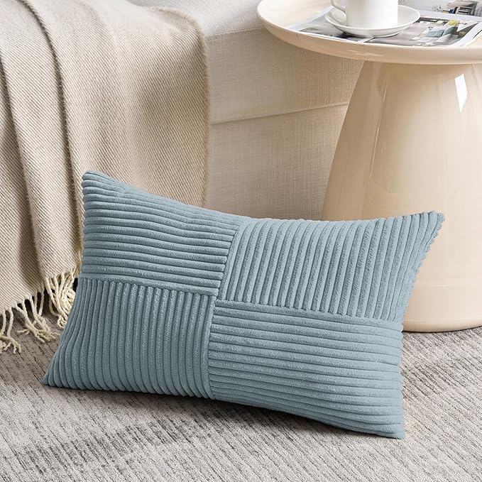 Fancy Homi Set of 2 Light Blue Lumbar Decorative Throw Pillow Covers 14x24 Inch for Couch Bed, Rustic Farmhouse Boho Home Decor, Soft Striped Corduroy Rectangle Accent Cushion Case 35x60 cm