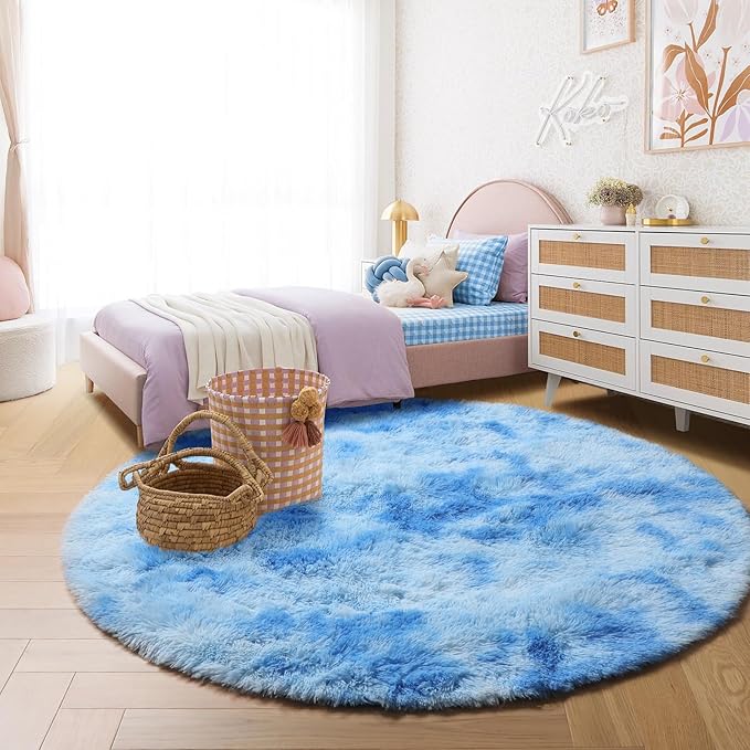 Amdrebio Tie-Dyed Light Blue Round Circle Rug 5Ft for Girls Bedroom, Soft Cute Fluffy Area Rugs for Boys, Kids Room Decor, Plush Shaggy Fuzzy Stitch Carpet for Baby Nursery Playroom Classroom Dorm
