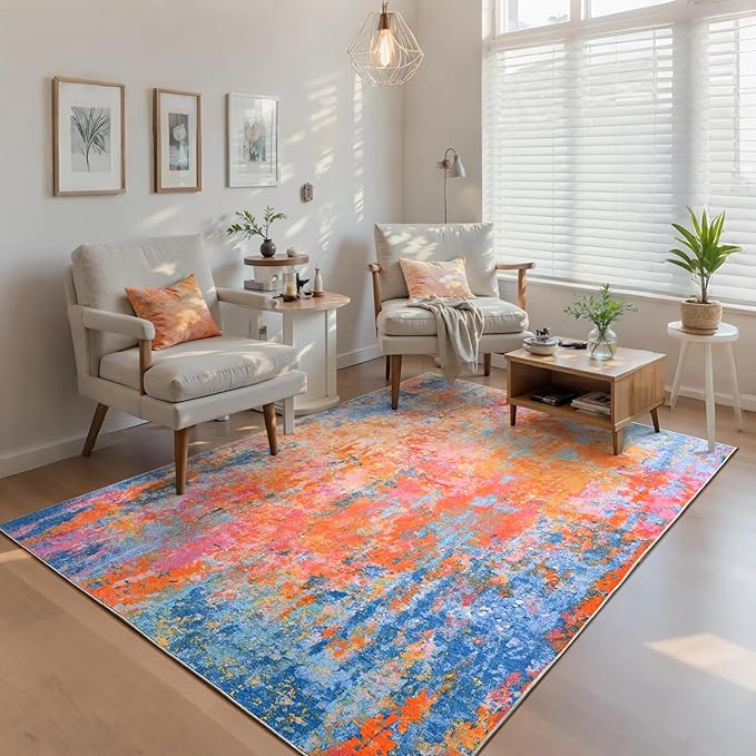 Ompaa Living Room Rug 5x7 Rainbow Area Rugs Washable Boho Colorful Rug Non Slip Abstract Vintage Indoor Large Carpet for Bedroom, Classroom, College Dorm, Farmhouse, Dining Room, Kids Playroom