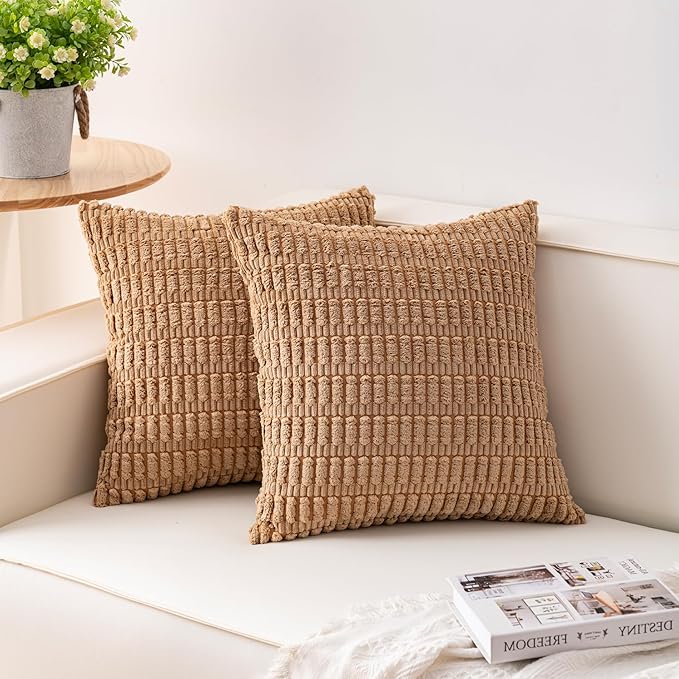 Pack of 2 Corduroy Decorative Throw Pillow Covers 16x16 Inch Soft Striped Pillow Covers Modern Farmhouse Home Decor for Sofa Living Room Couch Bed（Coffee）