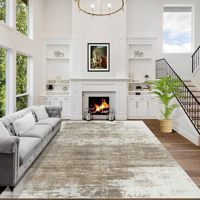 6x9 Area Rugs Washable Rug: Large Modern Abstract Living Room Rug Soft Anti-Skid Thin Carpet Indoor Floor Non-Shedding Carpets for Bedroom Dining Room Farmhouse Nursery Home Office Brown White