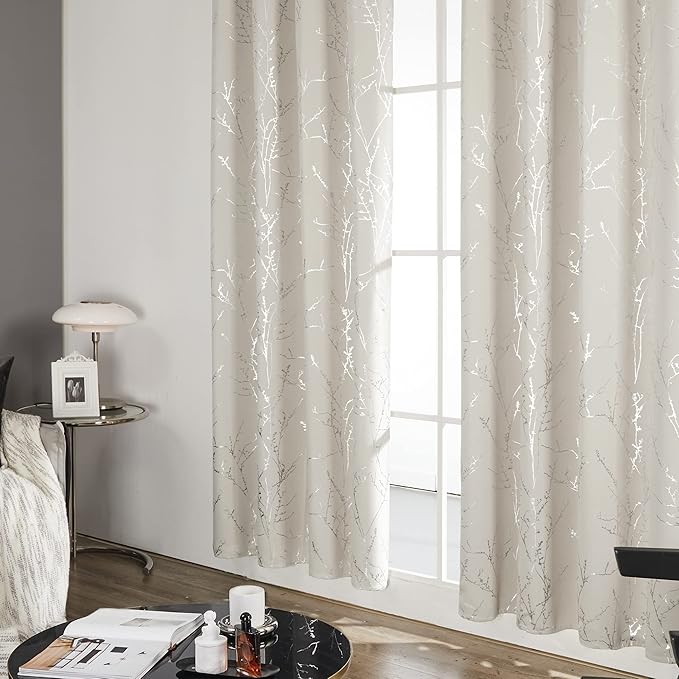 Deconovo Beige Bedroom Curtains, Room Darkening Curtain, Thermal Insulated Soundproof Drapes, Silver Branch Print, 42 x 63 Inch Long, Machine Washable Window Panels for Living Room Nursery, Set of 2