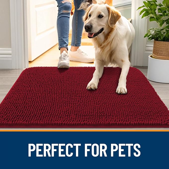 OLANLY Dog Door Mat for Muddy Paws 70x35, Absorbs Moisture and Dirt, Absorbent Non-Slip Washable Doormat, Quick Dry Chenille Mud Mat for Dogs, Entry Indoor Entryway Carpet for Inside Floor, Red