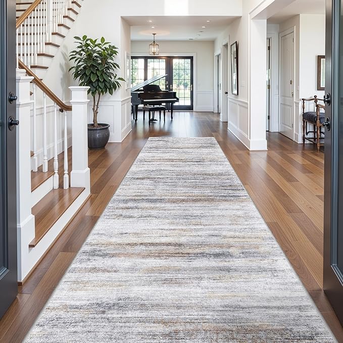 4x12 Runner Rug for Wide Hallway: Long Washable Runners for Entryway Living Room Dining Room - Stain and Water Resistant Rugs with Non-Slip Backing - Soft Low-Pile Carpet Beige Grey