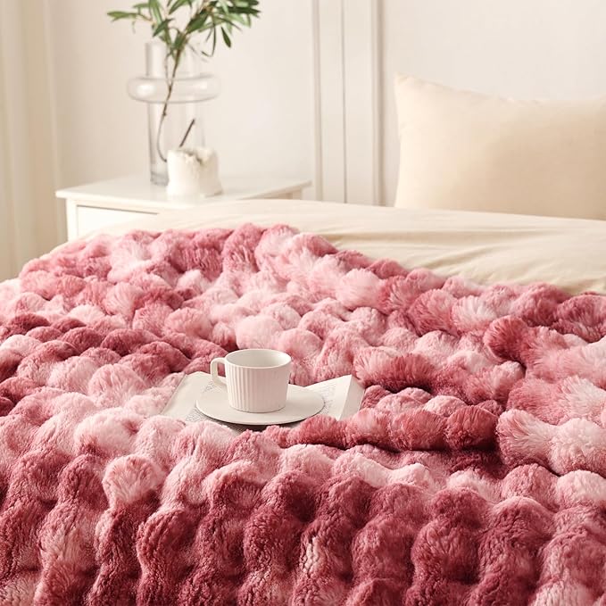 COOVA Faux Fur Throw Blanket for Couch, Cozy Soft and Fuzzy Plush Rabbit Fur Bubble Blanket for Sofa Bedroom Living Room, 50x60 Inches Tie Dye Magenta