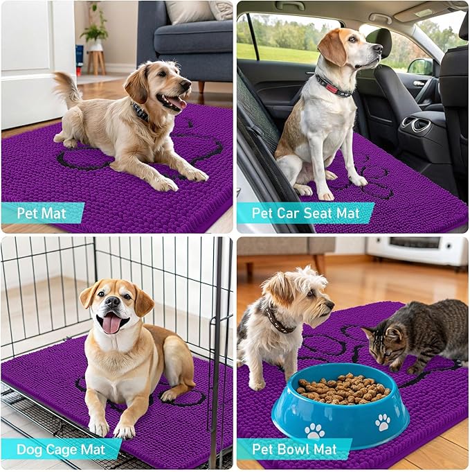 OLANLY Dog Door Mat for Muddy Paws 36x24, Paw Print Design, Absorbs Moisture and Dirt, Absorbent Non-Slip Washable Doormat, Quick Dry Chenille Mud Mat for Dogs, Entry Indoor Entryway Carpet, Purple