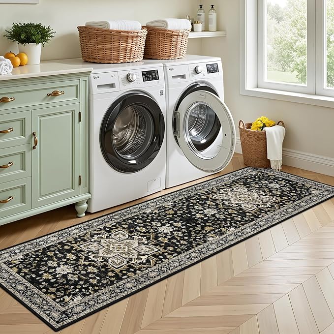 Hallway Runner Rug Non Slip - Washable 2.6x8 Kitchen Rugs for Living Room, Low-Pile Soft Bedroom Rug Indoor Floor Stain Resistant Carpets for Entryway, Laundry, Bathroom Black Gold