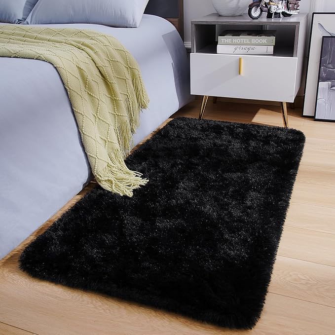 Amearea Shag Fluffy Small Rug, 2x4 Feet Throw Rugs for Bedroom Girls Living Room, Extra Soft and Fuzzy Shaggy Carpet, Non Slip, Solid Color Nursery Home Floor Decor Carpets, Black