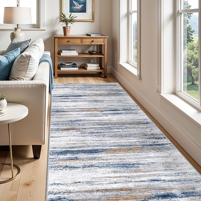 5x12 Runner Rug for Wide Hallway: Long Washable Runners for Entryway Living Room Dining Room - Stain and Water Resistant Rugs with Non-Slip Backing - Soft Low-Pile Carpet Navy Grey