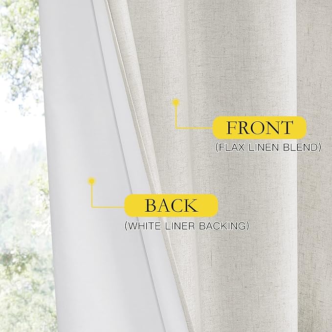 NICETOWN Extra Long Linen 100% Blackout Curtains 102 inches Length 2 Panels Set with Thermal Insulated Liners, Ivory, 62" Width, Farmhouse Style Window Draperies for Patio Sliding Glass Door