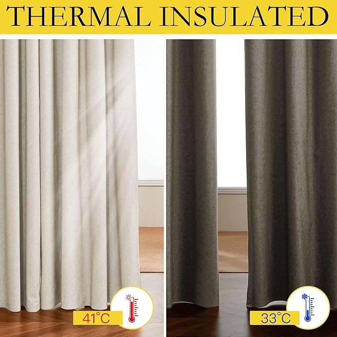 NICETOWN Linen Blackout Curtains 54" Long for Classroom, Beige, Set of 2, Short Kitchen Burlap Linen 100% Blackout Drape Panels for Night Shift, Great Job for Blocking Light