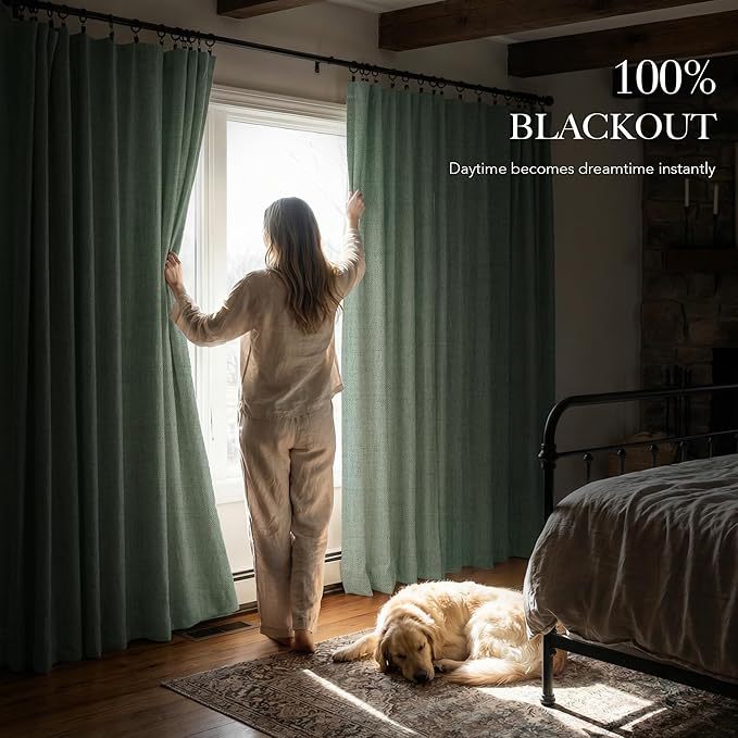 RYB HOME Sage Green 100% Blackout Curtains 96 inches Long, Thermal Insulated Linen Texture Drapes for Bedroom/Living Room, Elegant Farmhouse Curtains Back Tab&Rod Pocket, W52xL96, 2 Panels