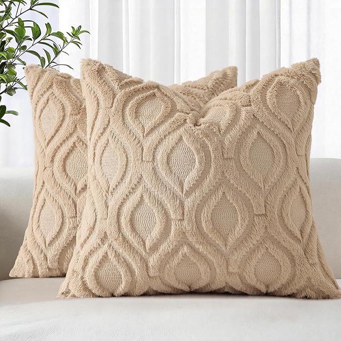 decorUhome Throw Pillow Covers 16x16 Inch Set of 2, Soft Plush Faux Wool Light Khaki Solid Couch Pillow Covers, Accent Farmhouse Neutral Square Pillow Cases for Sofa Bed Living Room