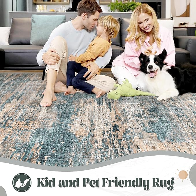 XLUEZ 5x7 Area Rugs for Living Room, Washable Modern Abstract Large Area Rug Neutral Soft Non Slip Kids Rug Stain Resistant Indoor Carpet for Bedroom Nursery Dining Room Playroom(GreenBrown, 5'x7')