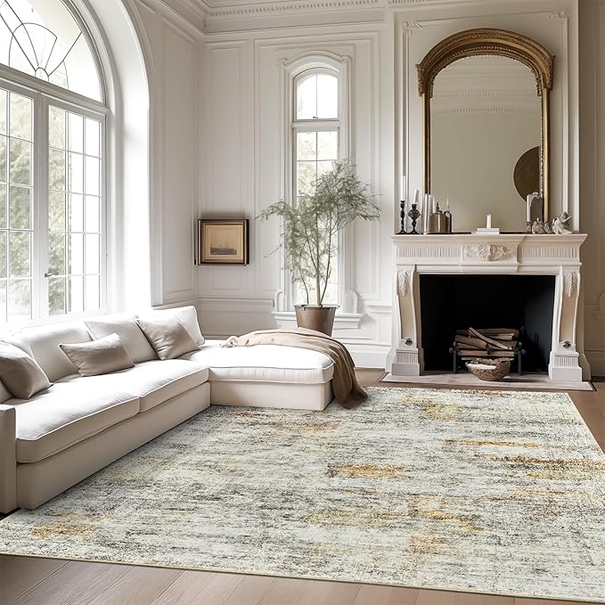 9x12 Area Rugs for Living Room, Non Slip Machine Washable Vintage Rugs, Low Pile Lightweight Large Rug for Bedroom, Dining Room, Home Office Gray Rust