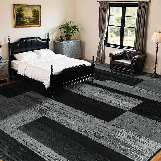 LIANLAM 8x10 Washable Area Rugs for Living Room and Bedroom, Vintage Checkered Pattern Non-Slip Carpet, Stain Resistant Low Pile Soft Rug for Dining Room,Office,Nursery,Kids Room(8x10,Gray)
