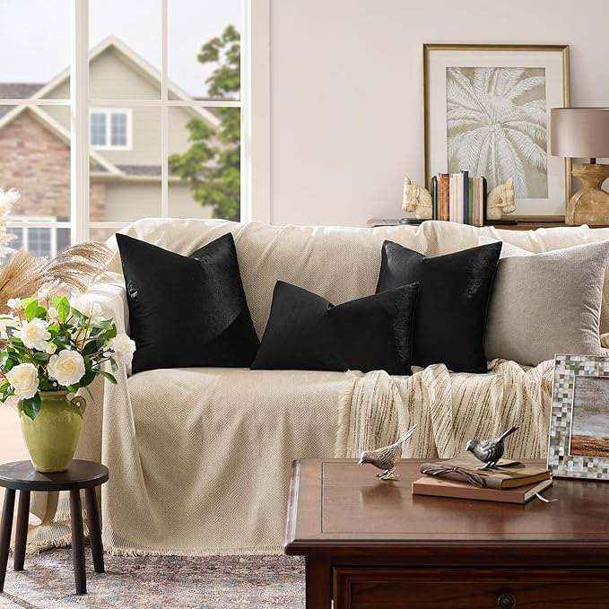 GIGIZAZA Black Velvet Pillow Covers 24x24,Decorative Square Throw Pillows Modern Covers Big Solid Living Room Pillow Cases for Couch Pack of 2