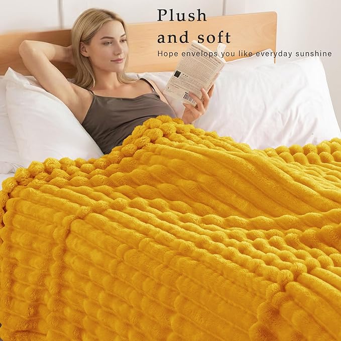 Exclusivo Mezcla King Size Flannel Fleece Blanket, Super Soft Striped Jacquard Bed Blanket, Lightweight Fuzzy Cozy for All Seasons, 90x104 Inches, Mustard Yellow