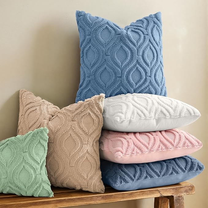 decorUhome Throw Pillow Covers 12x20 Inch Set of 2, Soft Plush Faux Wool Dusty Blue Solid Couch Pillow Covers, Accent Farmhouse Neutral Rectangle Pillow Cases for Sofa Bed Living Room