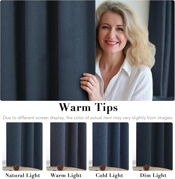 H.VERSAILTEX Primitive Linen Curtains 100% Blackout Curtain Drapes Burlap Fabric Curtains with White Thermal Insulated Liner, Grommet Top Drapes Living Room/Bedroom (2 Panels, 42 x 63 Inch, Navy)
