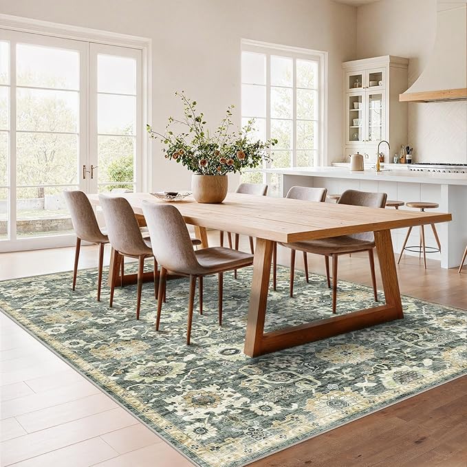 AMADA HOMEFURNISHING 6x9 Area Rugs, Blue Low-Profile Washable Rug with Non-Slip Backing & Durable Edge Binding, Vintage Rugs for Living Room, Bedroom, Dining Room