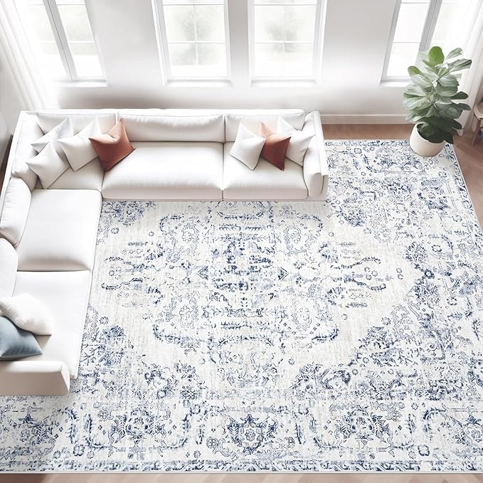 9x12 Area Rugs for Living Room: Washable Rug Vintage Large Rugs Soft Non Slip Low Pile Rug Floral Distressed Floor Carpet for Bedroom Dining Room Home Office (Blue,9'x12')