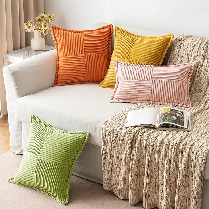 MIULEE Spring Decorative Throw Pillow Covers for Couch Bed Livingroom 18x18 Inch Set of 2 Green Boho Accent Throw Pllows Broadside Striped Patchwork Soft Corduroy Summer Pillowcases